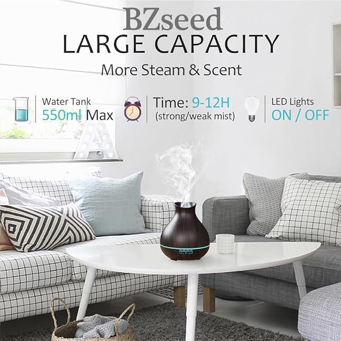 BZseed Aromatherapy Essential Oil Diffuser, 550ml Ultrasonic Fragrant Oil Large Room Humidifier, Diffusers for Home with Timer and Waterless Auto-Off, 7 Color LED Lights,Cool Mist Humidifiers-Ruum Studio Home