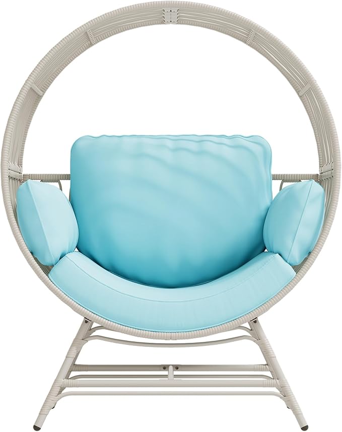 Egg Chair Outdoor Indoor, Oversized Rattan Chair with Thicken Cushion, 350LBS Capacity Wicker Patio Lounge Chair, Basket Chair for Living Room Balcony Porch Backyard, Blue-Ruum Studio Home