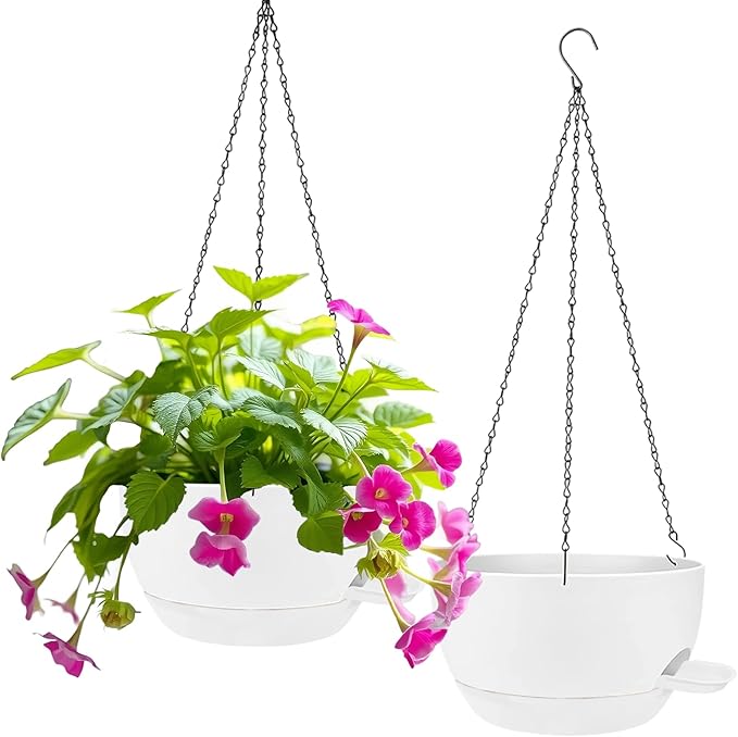 2 Pack Hanging Planters for Indoor Outdoor Plants, 8 Inch Self Watering Hanging Pot with Drainage Holes and Saucer, Plastic Plant Pots, White Flower Pots for Kitchen, Balcony, Garden-Ruum Studio Home