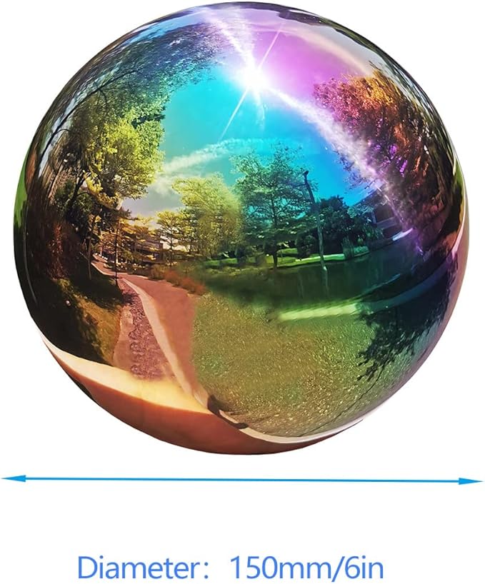 Rainbow Gazing Globe Mirror Ball in Stainless Steel, Shiny Hollow Sphere Sparkling Housewarming Outdoor Ornament (6 Inch)-Ruum Studio Home