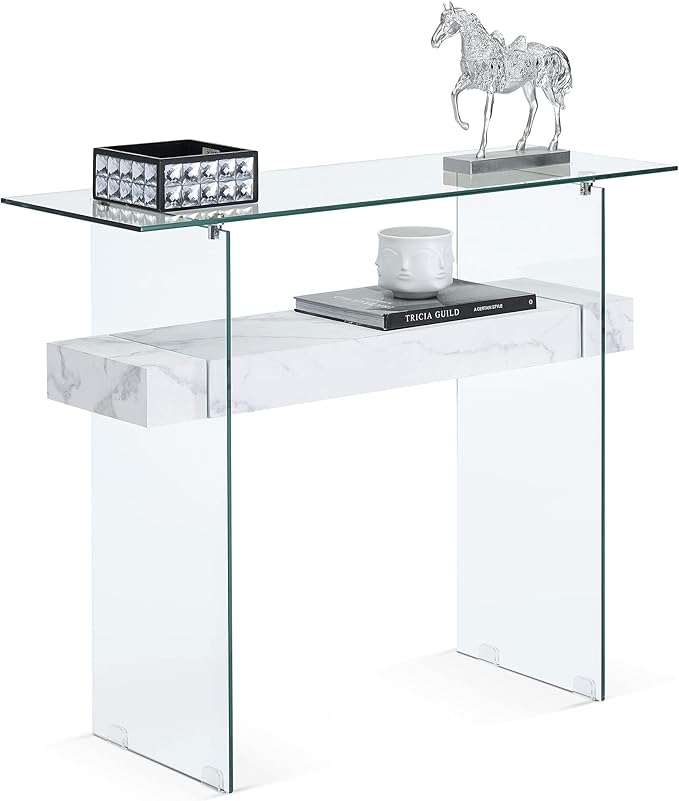 ivinta Glass Entry Table with Storage, 39.4" Modern Console Table for Living Room, Foyer, Hallway, Bedroom 5101 (White)-Ruum Studio Home