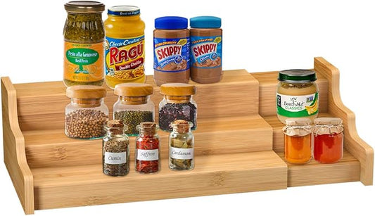 Spice Rack Kitchen Cabinet Organizer- 3 Tier Bamboo Expandable Display Shelf Yellow-Ruum Studio Home
