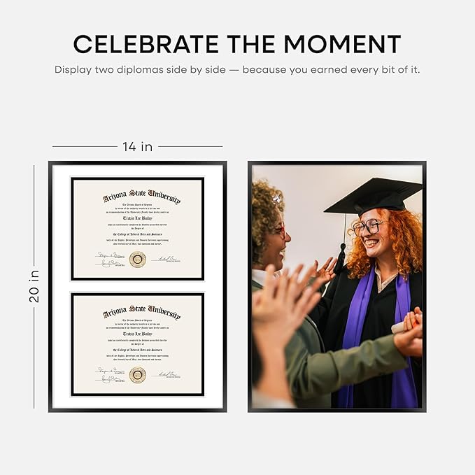 Homeforia 14x20 Double Diploma Frame Black, High End Metal 14 x 20 Certificate Frames with Mat for Two 8.5 by 11 Diplomas, 20x14 Dual Award Graduation Matted Frames, Tempered Glass, Wall Kit, Set of 1-Ruum Studio Home