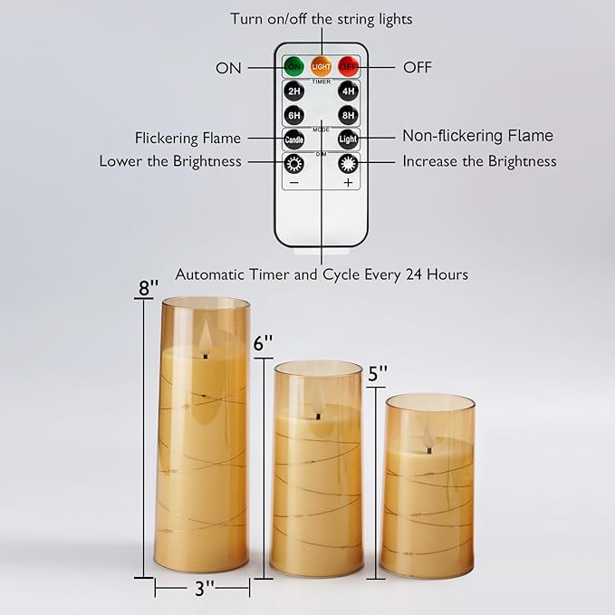 Homemory 9 Pcs Flameless Candles with Embedded Star String Fairy Lights, Battery Operated Candles, LED Candle, Fake Candles with Remote Control and Timer (Gold)-Ruum Studio Home