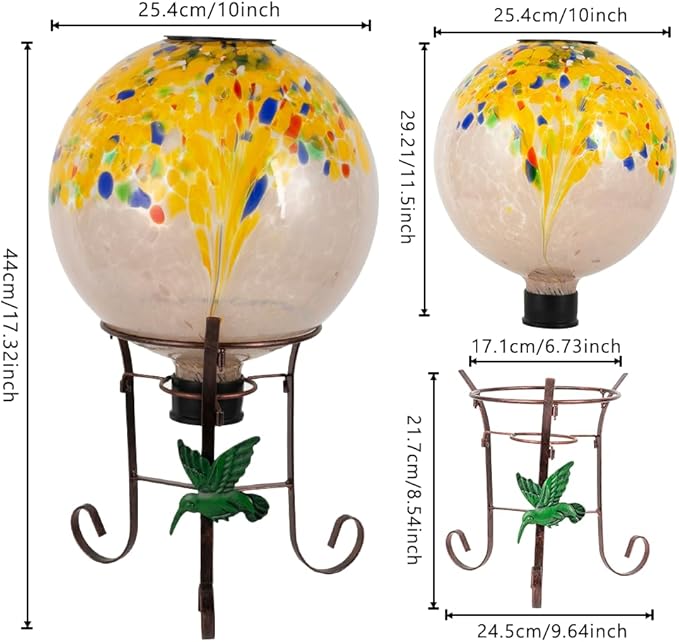10" Diameter Solar Gazing Ball and 8.5" Metal Stand Indoor Outdoor Yard Art Ornament Coloful Spot Glass Globe Sphere Solar Gazing Balls for Garden,Lawn,Porch,Patio Birthday Gifts for Women,Mom-Ruum Studio Home