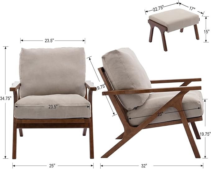 Wahson Set of 2 Mid Century Arm Chairs and Ottomans, Upholstered Accent Armchair with Wood Frame and Canvas Cushions, Leisure Slipper Chair for Living Room/Bedroom, Beige-Ruum Studio Home