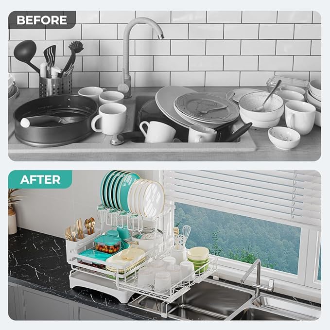 2 Tier Large Dish Drying Rack - Extendable Dish Rack, 2-in-1 Anti-Rust Stainless Steel Dishrack for Kitchen Counter and Sink, Dish Strainer with Utensil Holder & Cup Holder(White)-Ruum Studio Home
