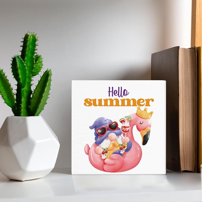 Hello Summer Decor Flamingo Decorations Summer Gnome Wooden Sign Rustic Home Decor 5 x 5 Inches-Ruum Studio Home