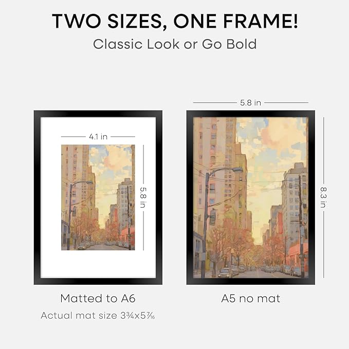 Homeforia A5 Picture Frame Black, High End Metal 5.8x8.3 Frames Matted to 4.1x5.8 Print, A5 Photo Frame with Mat A6, 5.8 x 8.3 Poster Frame, 8.3x5.8 Display Frames, Tempered Glass, Wall Kit, Set of 1-Ruum Studio Home
