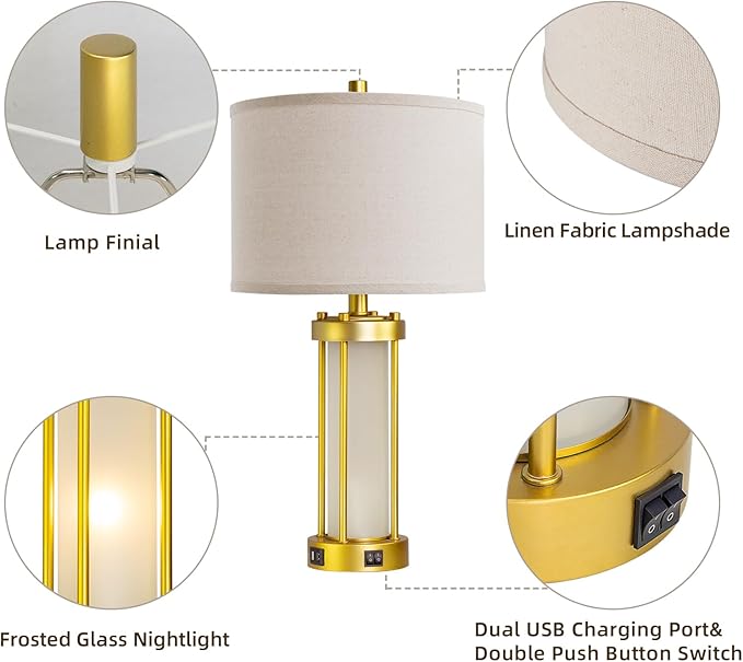 RORIA Modern Table Lamps for Living Room Set of 2, Farmhouse Bedroom Lamps for Nightstands with Dual USB Ports, Gold Bedside Lamps with White Frosted Glass Nightlight, 4 Bulbs Includes (Gold)-Ruum Studio Home