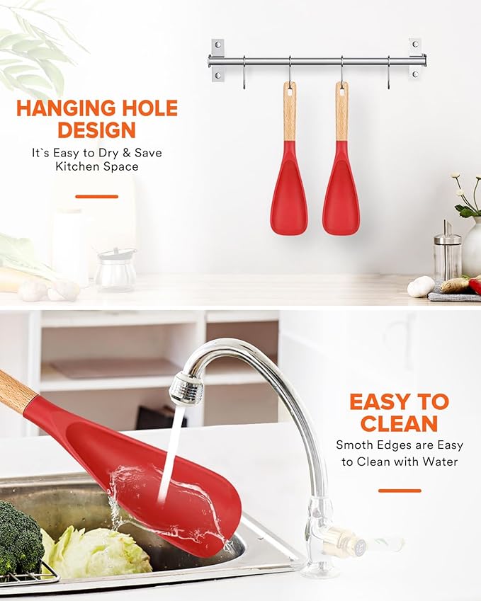 Cooking Spoon for Nonstick Cookwares, Great for Cooking and Serving Sturdy BPA-Free Matte Silicone, Wood Handle Spoon for Mixing, Scoop, and Scrape (2 Pack of Red, 11.4 inch)-Ruum Studio Home