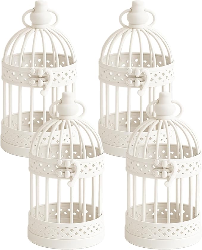 Vela Lanterns Bird Cage Decor Candle Holder Lantern Decorative Wedding Table Centerpiece Decorations, White, Small, Set of 4-Ruum Studio Home