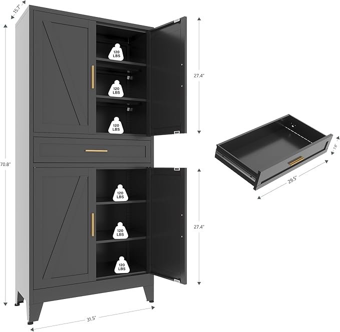 71 "Farmhouse Metal Filing Cabinet with a Drawer and 4 Adjustable Shelves, with 4 Large barn Door White Kitchen Cabinets, Metal Food Cabinets for Home, Kitchen, Dining/Living Room (Black)-Ruum Studio Home