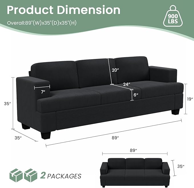 2 Piece Set Comfy Sofa Couch, 2 3-Seater Sofa with Deep Seats, Modern Sleeper Couch for Living Room, Black Corduroy-Ruum Studio Home