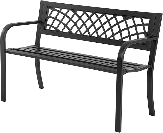 Garden Bench,Outdoor Benches,Iron Steel Frame Patio Bench with Mesh Pattern and Plastic Backrest Armrests for Lawn Yard Porch Work Entryway,Black-Ruum Studio Home