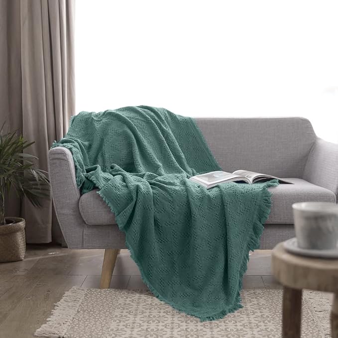 Simple&Opulence 100% Cotton Throw Blanket for Bed, Couch, Boho Luxury Geometric Knit Woven Blanket with Tassels Soft Lightweight Cozy Breathable, Vintage Farmhouse Decoration for All-Season(Green)-Ruum Studio Home