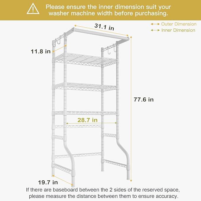 Ulif U11 Medium Over Washer and Dryer Shelves, 3 Tiers Laundry Room Storage and Organizer Standing Shelf, Metal Freestanding Clothes Drying Rack, 31.1”W x 19.7”D x 77.6”H, White-Ruum Studio Home