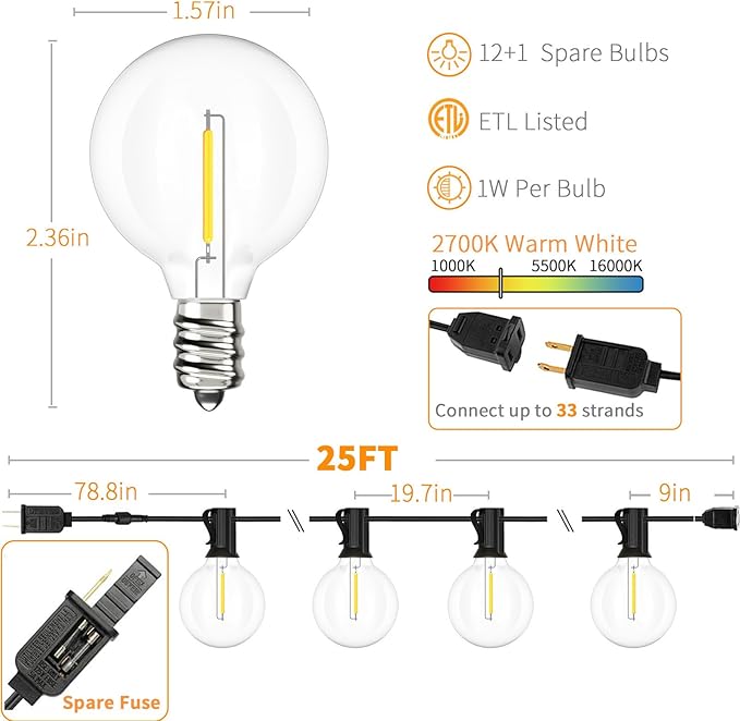 Svater Outdoor String Lights LED 25 FT, Patio Globe Lights with 13 Plastic G40 Bulbs, Waterproof Dimmable Outside Hanging Light for Backyard Bistro Cafe Porch Party Decor, 2700K Warm White-Ruum Studio Home