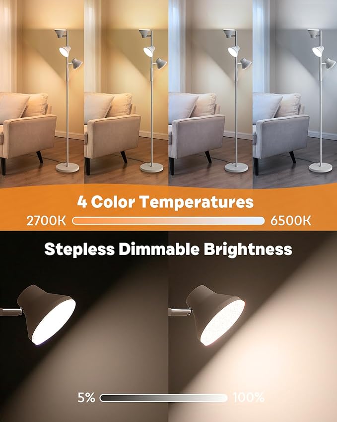 LED Tree Floor Lamp Silver, 36W Super Bright Standing Lamp with Remote Control, 4 Color Temperatures, 3 Rotatable LED Lights, Dimmable Floor Lamps for Living Room, Bedroom, Office-Ruum Studio Home