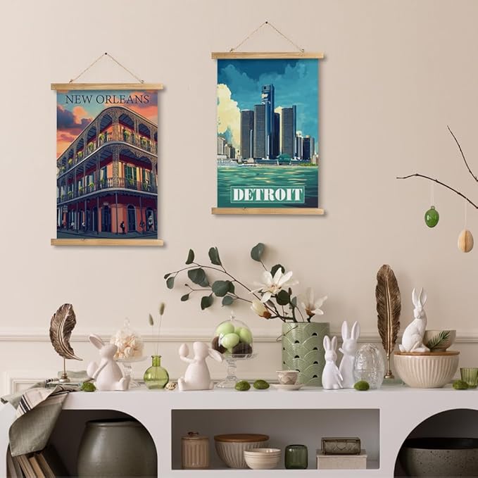 WREVERW Vintage New Orleans Poster Canvas Print with Wooden Hanger Frame, Featuring French Quarter Architecture and Iconic Iron Balconies, Wall Art for Home and Office Decor, 16x23 inches-Ruum Studio Home