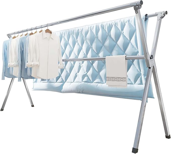 Clothes Drying Rack 95 Inches Folding Outdoor Indoor, Drying Rack Clothing Collapsible, Foldable Laundry Drying Rack, Heavy Duty Stainless Steel Clothesline, 20 Hooks 12 Clips-Ruum Studio Home