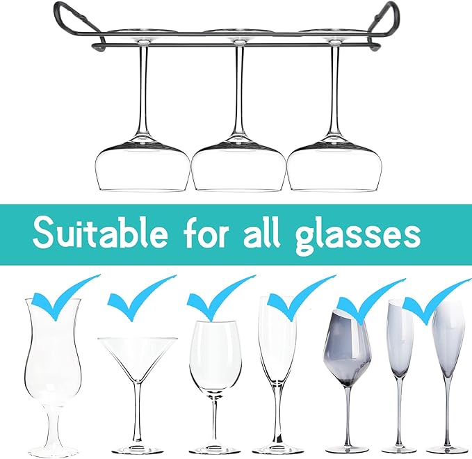 10 Inch Wine Glass Rack Under Cabinet Shelf Stemware Storage Hanging Hanger Organizer Glasses Holder with Drying Under Counter Metal for Kitchen and Bar Set of 4 Black-Ruum Studio Home
