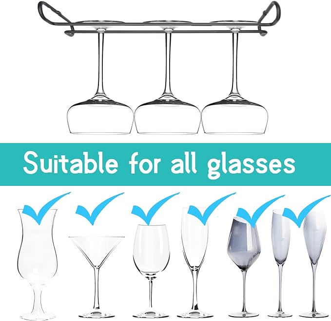 10 Inch Wine Glass Rack Under Cabinet Shelf Stemware Storage Hanging Hanger Organizer Glasses Holder with Drying Under Counter Metal for Kitchen and Bar Set of 2 Black-Ruum Studio Home