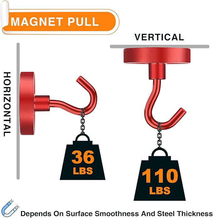 MIKEDE Strong Magnetic Hooks, 110Lbs Heavy Duty Magnetic Hooks for Cruise, Neodymium Earth Magnets with Hooks for Hanging, Super Metal Magnetic Hanger for Grill, Storage (Red,10 Pack)-Ruum Studio Home