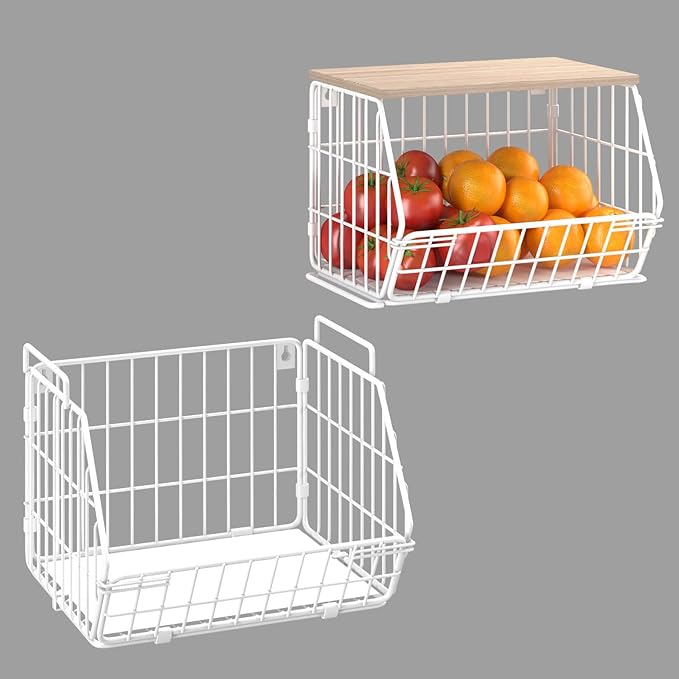 Wetheny 2 Tier Stackable Wall Mounted Wire Basket Fruit Basket with Wood Lid - Kitchen Pantry Organization and Storage, Hanging Storage Basket for fruits, Onion, Potato, Produce, Vegetable (White)-Ruum Studio Home