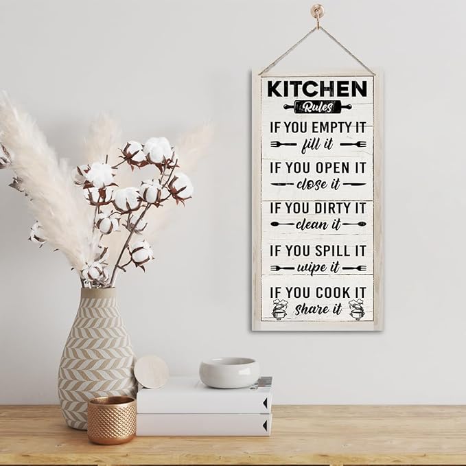 Hanging Kitchen Rules Wood Decor Sign, Rustic Kitchen Wooden Signs, Printed Wood Wall Art Sign, Kitchen Door Rules Rustic Sign, Hanging Wood Sign Kitchen Decor, Funny Farmhouse Kitchen Wall Décor B1-Ruum Studio Home