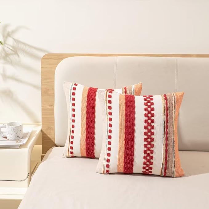 Boho Throw Pillow Covers 18x18 Set of 2 Christmas Decorative Cushion Case Striped Square Pillows Cover Chenille Pillow Cases Accent Neutral Pillowcase for Sofa Couch Bed,Red-Ruum Studio Home