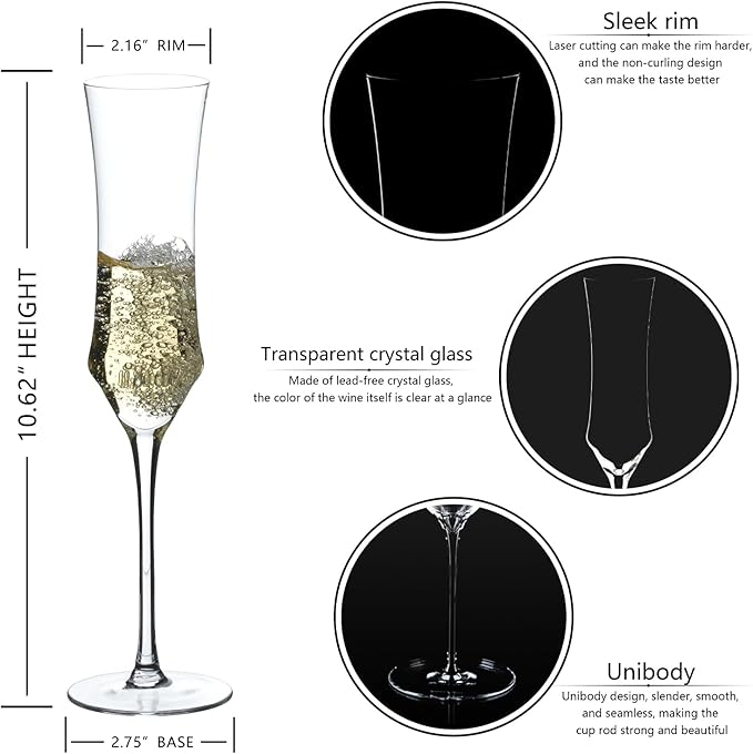 Champagne Flutes Set of 6 - Hand Blown Crystal Champagne Glasses With Long Stem - 7 oz Elegant Sparkling Wine Stemware - Unique Gift for Birthday,Wedding,Mother's Day,Housewarming-Ruum Studio Home