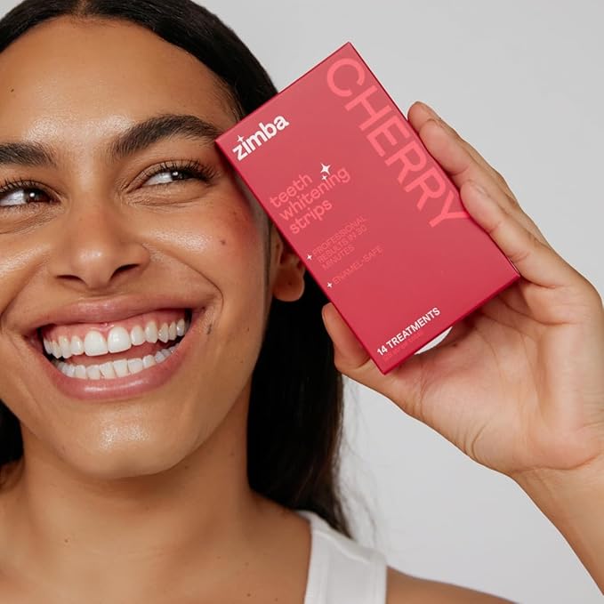 New Zimba Cherry Flavored Teeth Whitening Strips | Vegan, Enamel Safe Hydrogen Peroxide Teeth Whitener for Coffee, Wine, Tobacco, and Other Stains | 14 Day Treatment | Cherry-Ruum Studio Home