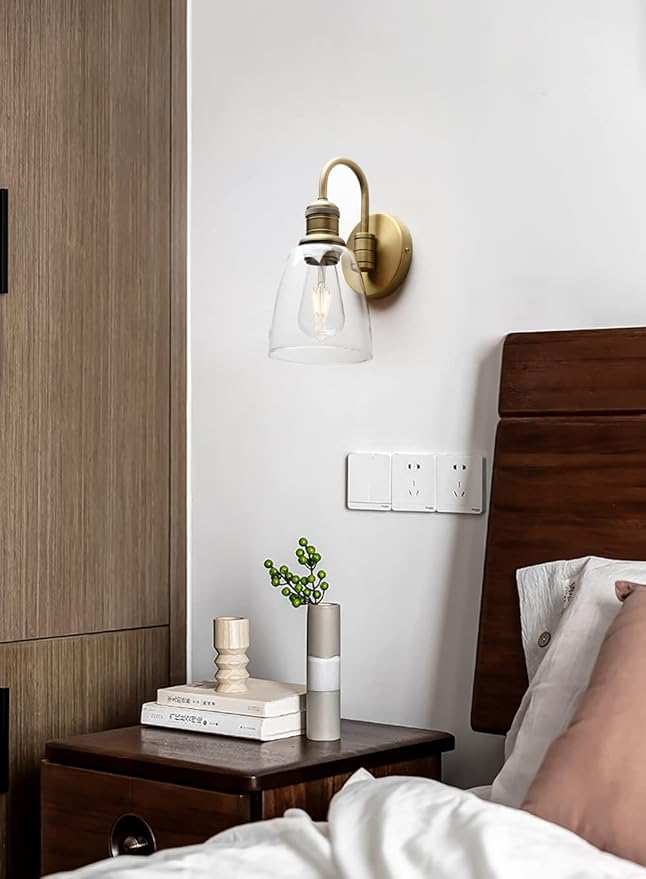 Yosoan 1-Light Brass Modern Vintage Indoor Wall Sconce, Vanity Single Luxury Hardwired Retro Textured Clear Oval Cone Glass Shade with Industrial Gooseneck Curved Rod Bathroom Lamp(Antique)-Ruum Studio Home