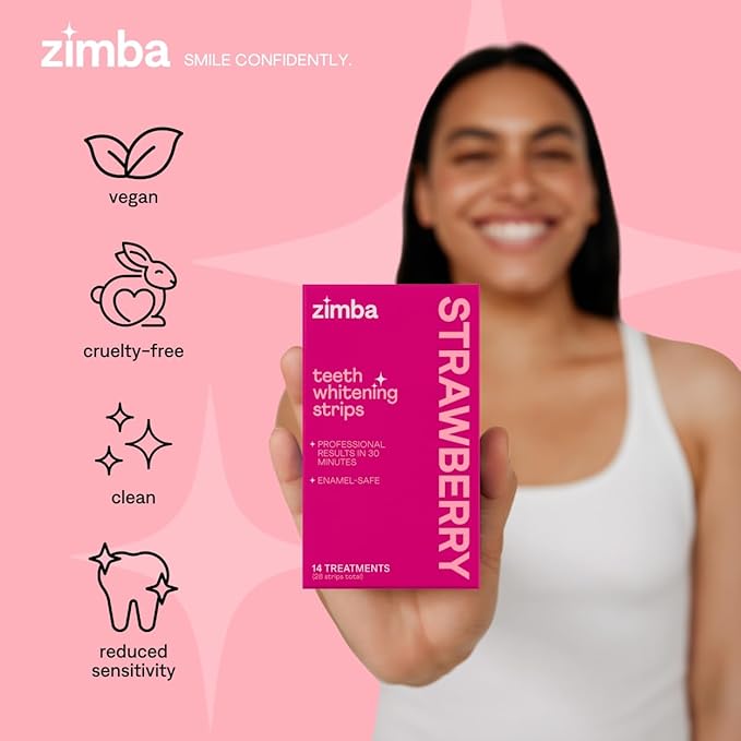 Zimba Strawberry Flavored Teeth Whitening Strips | Vegan, Enamel Safe Hydrogen Peroxide Teeth Whitener for Coffee, Wine, Tobacco, and Other Stains | 14 Day Treatment | Strawberry-Ruum Studio Home