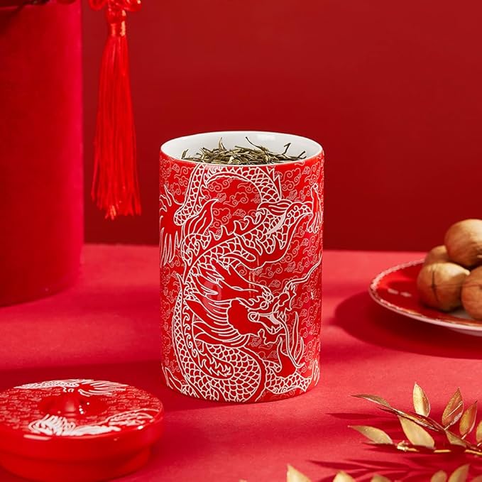 Porlien Chinese Dragon Porcelain 15-ounce Canisters Set of 2, Food Storage Containers with Lid for Coffee Beans, Tea, Condiments & Nuts-Ruum Studio Home