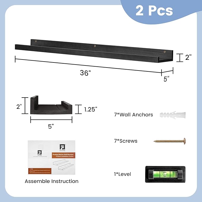 Picture Ledge Shelf for Wall, 36 inch Solid Pine Wood Nursery Book Shelves 2 Packs, Floating Ledge Shelves for Kids' Room Bedroom Bathroom Living Room Photo Frames Office Nursey Wall Decor, Black-Ruum Studio Home