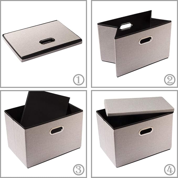 PRANDOM Foldable Storage Bin with Lid [3-Pack] Linen Fabric Decorative Storage Box Organizer Container Basket Cube with Handles Divider for Closet Office Living Room Light Grey(14.9x9.8x9.8)-Ruum Studio Home