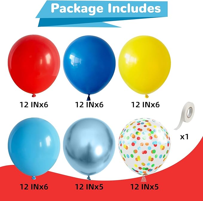 Red Yellow Blue Balloons Light Baby Royal Metallic Blue Red Yellow Primary Balloons with Colorful Confetti Latex Balloon for Carnival Circus Baby Shower Birthday Party Decor-Ruum Studio Home