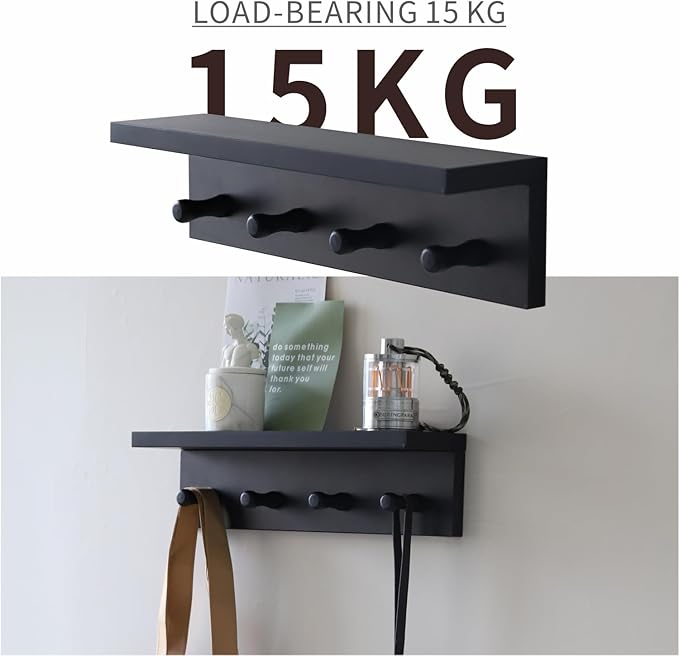 Entrance Coat Rack ，Coat Hooks, Wall-Mounted Wooden Hook Rack, Wall-Mounted Shelves are Very Suitable (Black Finish-1)-Ruum Studio Home