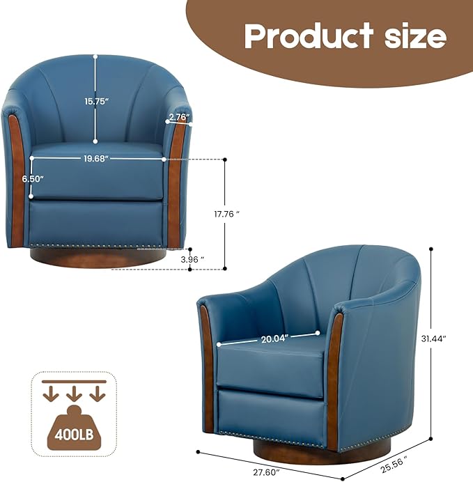 360° Swivel Accent Chair, Modern Leather Barrel Club Chair with Leather Upholstery and Sturdy Wood Base, Comfortable Armchair for Living Room, Bedroom, Reading Nook, Blue-Ruum Studio Home