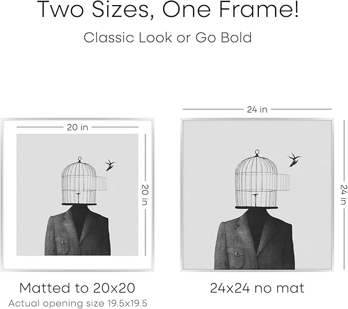 Homeforia 24x24 Silver Picture Frame, High End Metal 24 x 24 Large Square Silver Frames with Mat 20 by 20 inch Photo, 24by24 Thin Poster Frame Matted to 20x20 Print, Tempered Glass, Wall Kit, Set of 1-Ruum Studio Home