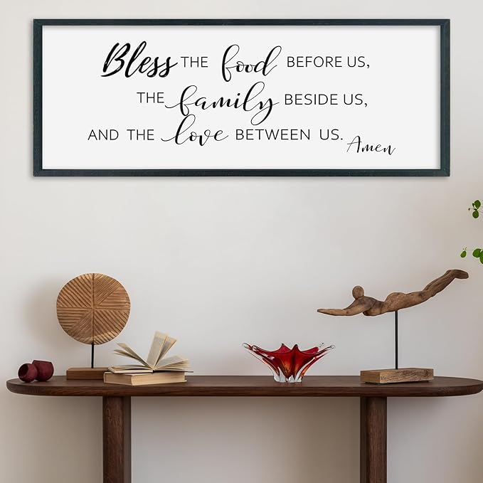 SRSZHIYUE Bless the Food Before Us Wall Sign Decor 32"×12" Christian Bible Verse for Farmhouse Rustic Kitchen Dining Room Framed Wood Scripture Religious Jesus Prayer Wall Art (Black)-Ruum Studio Home