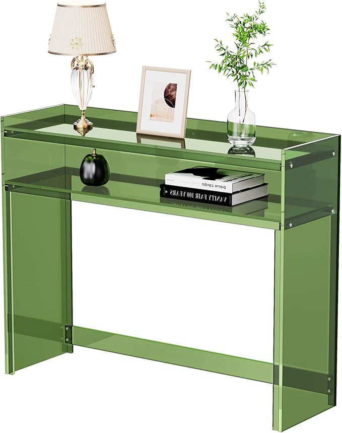 Acrylic Console Table, Entryway Table with Storage Shelves (Green)-Ruum Studio Home