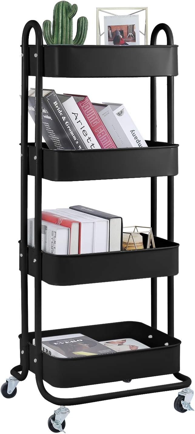 4-Tier Metal Mesh Utility Rolling Cart Storage Organizer Shelf Rack with Lockable Wheels for Living Room Kitchen Office, Black-Ruum Studio Home