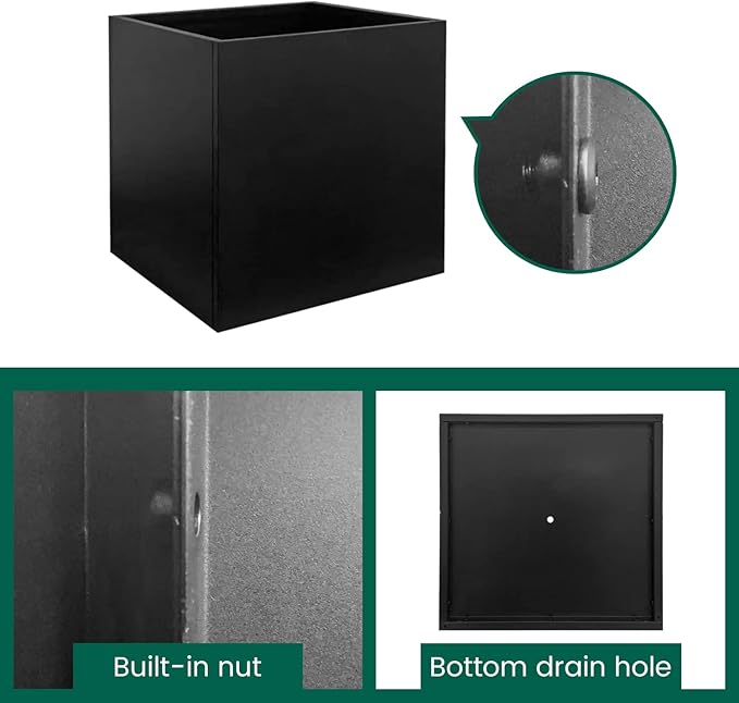 Galvanized Steel Planter Box Black Metal Planter Large Square Indoor Outdoor Planters Cube Steel Heavy Duty Flower Pot 20Inch Powder Coating Modern Commercial Residential for Patio, Deck, Yard, Garden-Ruum Studio Home