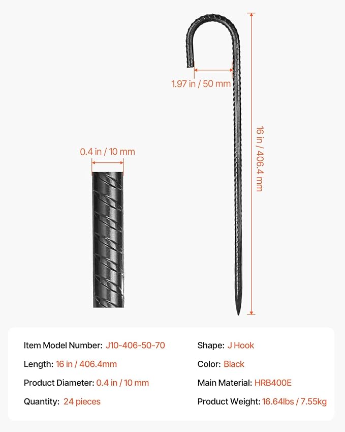 VEVOR Rebar Stakes, 16-Inch, Heavy-Duty 0.4 in Diameter J Hook, Galvanized Steel Ground Anchors with Chisel Point End & Rust-Resistant Coating, for Gardening Support, Fence, Camping Tents (24-Pack)-Ruum Studio Home