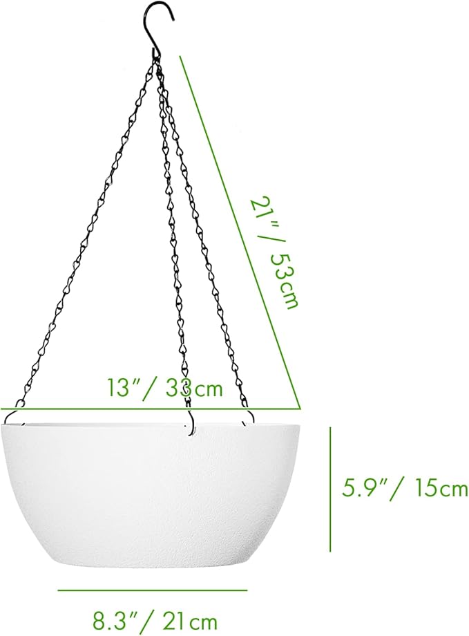 WOUSIWER 13 inch 2Pack Large Hanging Planters for Outdoor Indoor Plants with Drainage Holes and Chain, Round Hanging Flower Pots for Garden Home Porch Decor, White-Ruum Studio Home