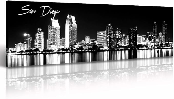 DJSYLIFE San Diego Skyline Wall Art Black and White Night View USA Cityscape California Pictures Artwork Painting Poster for Bedroom Office Decoration Stretch Framed Ready to Hang 13.8"x47.3"-Ruum Studio Home