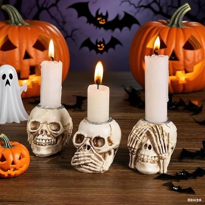 Halloween Skull Candle Holder, Skeleton Head Candlestick Holders Table Decor Centerpiece Candlesticks, Resin Horrible Spooky Creepy Crafts for Flameless Candle Halloween Christmas Home Party, Set of 3-Ruum Studio Home